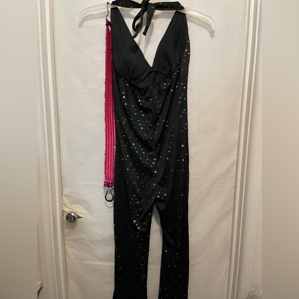 Glittery Multicolored Polka Dot Jumpsuit With Pink Glittery Belt